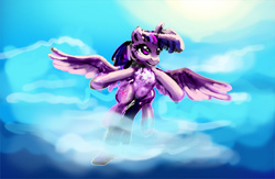 Size: 1000x650 | Tagged: safe, artist:xbi, twilight sparkle, alicorn, pony, g4, female, flying, sky, solo, spread wings, twilight sparkle (alicorn), wings