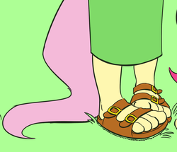 Size: 1014x874 | Tagged: safe, artist:kuroi-wolf, fluttershy, pinkie pie, anthro, plantigrade anthro, g4, cropped, feet, female, fetish, foot fetish, foot focus, grass, sandals, solo focus