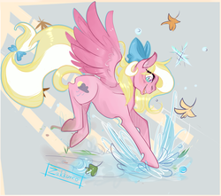 Size: 1700x1500 | Tagged: safe, artist:zakkurro, oc, oc only, oc:bay breeze, pegasus, pony, abstract background, bow, female, hair bow, happy, jumping, leaves, mare, puddle, solo, spread wings, tail bow, wings