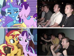 Size: 942x718 | Tagged: safe, starlight glimmer, sunset shimmer, trixie, equestria girls, equestria girls specials, g4, my little pony equestria girls: mirror magic, my little pony: friendship is magic, to where and back again, exploitable meme, meme, reaction guys