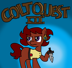 Size: 640x600 | Tagged: safe, artist:ficficponyfic, oc, oc only, oc:ruby rouge, earth pony, pony, colt quest, blank flank, child, clothes, color, ear piercing, earring, female, filly, foal, glare, grimace, jewelry, knife, logo, piercing, recap, solo, story included, title, title card, tomboy, weapon