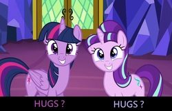 Size: 1280x828 | Tagged: safe, starlight glimmer, twilight sparkle, alicorn, pony, unicorn, g4, the cutie re-mark, bronybait, cute, duo, female, glimmerbetes, hug request, image macro, mare, meme, twiabetes, twilight sparkle (alicorn)