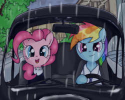 Size: 850x680 | Tagged: safe, artist:ehfkdl569, pinkie pie, rainbow dash, pony, g4, building, car, clothes, driving, necktie, rain, shirt, smiling, tree