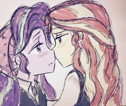 Size: 1280x1074 | Tagged: safe, artist:angeltorchic, starlight glimmer, sunset shimmer, equestria girls, equestria girls specials, g4, my little pony equestria girls: mirror magic, blushing, clothes, colored sketch, duo, female, implied kissing, lesbian, looking at each other, ship:shimmerglimmer, shipping