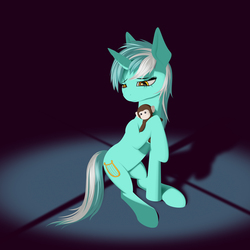 Size: 2400x2400 | Tagged: safe, artist:styroponyworks, lyra heartstrings, monkey, pony, unicorn, g4, female, high res, mare, plushie, sad, sitting, solo