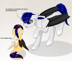 Size: 1024x874 | Tagged: dead source, safe, artist:php146, oc, oc only, oc:amane, oc:kurai chinmoku, bat pony, pony, cute, fangs, father and daughter, female, filly, floppy ears, male, offspring, parent:oc:kurai chinmoku, parent:oc:yeri, parents:oc x oc, raised hoof, simple background, smiling, spanish, stallion, translated in the comments