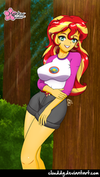 Size: 562x1000 | Tagged: safe, artist:clouddg, sunset shimmer, equestria girls, g4, my little pony equestria girls: legend of everfree, breasts, busty sunset shimmer, camp everfree outfits, clothes, female, looking at you, shirt, shorts, smiling, solo, stupid sexy sunset shimmer, tree