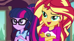 Size: 1280x720 | Tagged: safe, screencap, sci-twi, sunset shimmer, twilight sparkle, equestria girls, g4, my little pony equestria girls: legend of everfree, camp everfree outfits, clothes, crossed arms, duo, female, glasses, indoors, open mouth, raised eyebrow