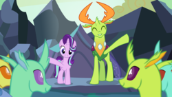 Size: 5760x3240 | Tagged: safe, artist:frownfactory, screencap, clypeus, cornicle, lokiax, soupling, starlight glimmer, thorax, changedling, changeling, pony, unicorn, celestial advice, g4, absurd resolution, female, king thorax, male, solo