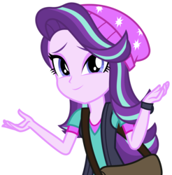 Size: 3244x3303 | Tagged: safe, artist:sketchmcreations, starlight glimmer, equestria girls, equestria girls specials, g4, my little pony equestria girls: mirror magic, beanie, clothes, female, hat, high res, lidded eyes, looking at you, satchel, shrug, simple background, smiling, solo, transparent background, vector, vest