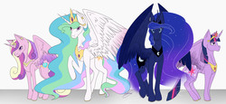 Size: 2883x1324 | Tagged: safe, artist:twigpony, princess cadance, princess celestia, princess luna, twilight sparkle, alicorn, pony, g4, alicorn tetrarchy, element of magic, female, mare, open mouth, raised hoof, royal sisters, simple background, twilight sparkle (alicorn), white background