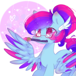 Size: 1314x1314 | Tagged: safe, artist:windymils, oc, oc only, oc:painting spark, pegasus, pony, colored wings, female, glasses, mare, mouth hold, multicolored wings, paintbrush, solo