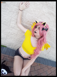Size: 3456x4608 | Tagged: safe, artist:krazykari, fluttershy, human, g4, belly button, bra strap, clothes, cosplay, costume, emoshy, fishnet stockings, goth, high res, irl, irl human, midriff, photo, shirt, short, short shirt, solo
