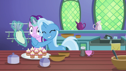 Size: 1920x1080 | Tagged: safe, screencap, starlight glimmer, trixie, pony, all bottled up, g4, best friends, duo, female, floppy ears, glomp, hape, hug, icing bag, teacakes