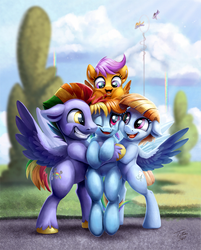 Size: 900x1121 | Tagged: safe, artist:tsitra360, bow hothoof, rainbow dash, scootaloo, windy whistles, pegasus, pony, g4, academy, backwards cutie mark, bipedal, cute, cutealoo, dashabetes, female, flying, happy, hug, male, mare, one eye closed, open mouth, open smile, scootalove, signature, sky, smiling, spread wings, stallion, unshorn fetlocks, windybetes, wings