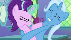 Size: 1920x1080 | Tagged: safe, screencap, starlight glimmer, trixie, pony, all bottled up, g4, duo, female, glomp, hug, icing bag, magic, out of context
