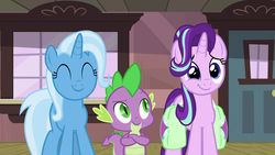 Size: 1920x1080 | Tagged: safe, screencap, spike, starlight glimmer, trixie, dragon, pony, unicorn, all bottled up, g4, female, mare, saddle bag, the amazing trio of friendship