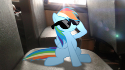 Size: 2560x1440 | Tagged: safe, artist:mlptmntfan2000, rainbow dash, pony, g4, chair, irl, photo, ponies in real life, solo, sunglasses
