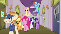 Size: 1920x1080 | Tagged: safe, screencap, applejack, dave the intern, fluttershy, ginger locks, pinkie pie, rainbow dash, rarity, twilight sparkle, alicorn, pony, all bottled up, g4, escape room, escape rooms, female, mane six, manehattan escapes, twilight sparkle (alicorn)