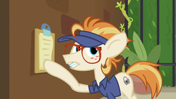 Size: 1920x1080 | Tagged: safe, screencap, dave the intern, ginger locks, earth pony, pony, all bottled up, g4, clipboard, clothes, male, manehattan escapes, solo, stallion