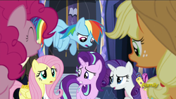 Size: 1920x1080 | Tagged: safe, screencap, applejack, fluttershy, pinkie pie, rainbow dash, rarity, starlight glimmer, pony, every little thing she does, g4, gritted teeth, nervous, overwhelming, talking, twilight's castle