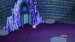 Size: 1920x1080 | Tagged: safe, screencap, starlight glimmer, pony, unicorn, every little thing she does, g4, book, bookshelf, door, female, high angle, library, mare, solo, twilight's castle, twilight's castle library