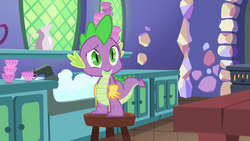 Size: 1920x1080 | Tagged: safe, screencap, spike, dragon, all bottled up, g4, my little pony: friendship is magic, cup, male, solo, teacup