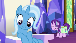 Size: 1920x1080 | Tagged: safe, screencap, starlight glimmer, trixie, pony, unicorn, all bottled up, g4, belly, cute, diatrixes, duo, eyes closed, female, mare, open mouth, saddle bag, sitting, twilight's castle