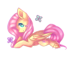 Size: 1456x1173 | Tagged: safe, artist:prettyshinegp, fluttershy, butterfly, pegasus, pony, g4, chibi, female, folded wings, looking at you, looking sideways, mare, profile, prone, simple background, solo, transparent background