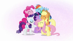 Size: 1920x1080 | Tagged: safe, screencap, applejack, fluttershy, pinkie pie, rainbow dash, rarity, twilight sparkle, alicorn, pegasus, pony, all bottled up, g4, best friends until the end of time, female, group hug, hug, mane six, twilight sparkle (alicorn)