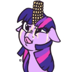 Size: 476x476 | Tagged: artist needed, safe, twilight sparkle, pony, unicorn, g4, 4chan, butter, corn, drawthread, female, floppy ears, food, horn, horn guard, horn impalement, licking, mare, nose wrinkle, pun, simple background, solo, tongue out, white background