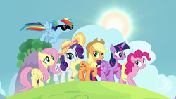 Size: 1920x1080 | Tagged: safe, screencap, applejack, fluttershy, pinkie pie, rainbow dash, rarity, twilight sparkle, alicorn, pony, all bottled up, g4, best friends until the end of time, female, mane six, summer, sunglasses, twilight sparkle (alicorn)