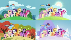 Size: 3840x2160 | Tagged: safe, screencap, applejack, fluttershy, pinkie pie, rainbow dash, rarity, twilight sparkle, alicorn, pony, all bottled up, g4, autumn, best friends until the end of time, comparison, female, high res, mane six, seasons, spring, summer, twilight sparkle (alicorn), winter