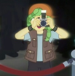 Size: 424x435 | Tagged: safe, screencap, sandalwood, equestria girls, equestria girls specials, g4, my little pony equestria girls: mirror magic, camera, cap, clothes, cropped, hat, jacket, male, solo