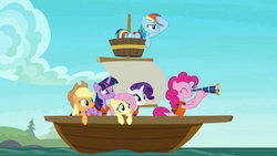 Size: 1920x1080 | Tagged: safe, screencap, applejack, fluttershy, pinkie pie, rainbow dash, rarity, twilight sparkle, alicorn, pony, all bottled up, g4, best friends until the end of time, boat, female, lifejacket, mane six, sailboat, sailboat of friendship, ship, telescope, twilight sparkle (alicorn)