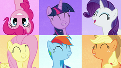 Size: 1920x1080 | Tagged: safe, screencap, applejack, fluttershy, pinkie pie, rainbow dash, rarity, twilight sparkle, alicorn, pony, all bottled up, g4, best friends until the end of time, female, in which pinkie pie forgets how to gravity, mane six, one of these things is not like the others, pinkie being pinkie, pinkie physics, twilight sparkle (alicorn), upside down