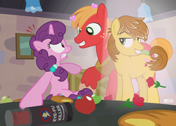Size: 1260x900 | Tagged: safe, artist:dm29, big macintosh, feather bangs, sugar belle, earth pony, pony, unicorn, g4, hard to say anything, apple, battle for sugar belle, bedroom eyes, do not want, female, food, grin, implied flash sentry, looking at each other, male, mare, pepper spray, shocked, smiling, spotlight, stalker, stallion, sugar belle gets all the stallions, this will end in tears