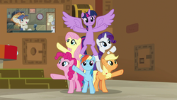 Size: 1920x1080 | Tagged: safe, screencap, applejack, dave the intern, fluttershy, ginger locks, pinkie pie, rainbow dash, rarity, twilight sparkle, alicorn, earth pony, pegasus, pony, unicorn, all bottled up, g4, 1080p, best friends until the end of time, bipedal, escape room, female, mane six, manehattan escapes, pony pile, pony pyramid, pyramid, tower of pony, twilight sparkle (alicorn)