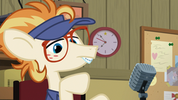 Size: 1920x1080 | Tagged: safe, screencap, dave the intern, ginger locks, pony, all bottled up, g4, clock, escape room, manehattan escapes, microphone, solo
