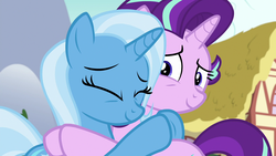 Size: 1920x1080 | Tagged: safe, screencap, starlight glimmer, trixie, pony, unicorn, all bottled up, g4, best friends, duo, female, hug, mare, smiling