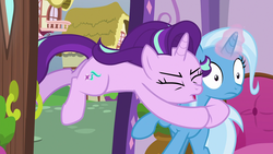 Size: 1920x1080 | Tagged: safe, screencap, starlight glimmer, trixie, pony, unicorn, all bottled up, g4, butt, cute, cutie mark, duo, eyes closed, female, glomp, glowing horn, gritted teeth, horn, hug, magic, magic aura, mare, no, out of context, plot, tackle, wide eyes