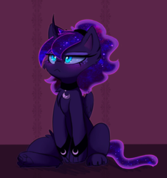 Size: 1030x1100 | Tagged: safe, alternate version, artist:magnaluna, edit, princess luna, cat, g4, :<, blushing, catified, chest fluff, collar, cropped, curved horn, cute, ear fluff, ethereal mane, female, galaxy mane, grumpy luna, horn, i'm not cute, leg fluff, lunabetes, paw pads, paws, sitting, solo, species swap, starry mane, textless, underpaw, wingding eyes