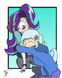 Size: 1078x1341 | Tagged: safe, artist:flan, starlight glimmer, trixie, human, equestria girls, g4, duo, hug, human coloration, humanized, smiling