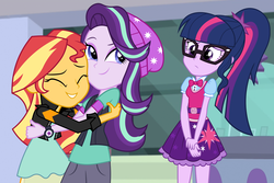 Size: 6000x4000 | Tagged: safe, artist:spottedlions, sci-twi, starlight glimmer, sunset shimmer, twilight sparkle, equestria girls, equestria girls specials, g4, mirror magic, absurd resolution, beanie, clothes, eyes closed, female, glasses, hat, hug, jealous, lesbian, pants, ponytail, sci-twi outfits, ship:shimmerglimmer, shipping, shirt, skirt, smiling, trio