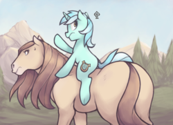 Size: 780x566 | Tagged: safe, artist:soulspade, edit, lyra heartstrings, horse, pony, unicorn, g4, female, horse-pony interaction, mare, pointing, ponies riding horses, riding