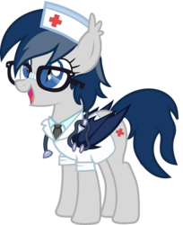 Size: 1280x1569 | Tagged: safe, artist:buckeyescozycafe, oc, oc only, oc:doctor nighthoof, bat pony, pony, bat pony oc, clothes, cute, cute little fangs, doctor, fangs, female, glasses, mare, open mouth, red cross, simple background, solo, stethoscope, transparent background, vector