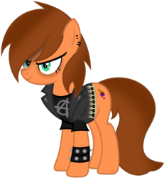 Size: 1280x1386 | Tagged: safe, artist:buckeyescozycafe, oc, oc only, oc:sunset canvas, earth pony, pony, anarchy, belt, clothes, ear piercing, female, jacket, leather jacket, mare, piercing, punk, shirt, simple background, smiling, solo, spiked wristband, standing, transparent background, vector, vest, wristband