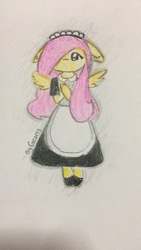 Size: 1080x1920 | Tagged: safe, artist:creamyfairy, fluttershy, anthro, g4, clothes, cute, female, fluttermaid, hair over one eye, maid, solo, traditional art