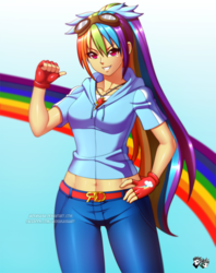 Size: 793x1000 | Tagged: safe, artist:jadenkaiba, rainbow dash, human, g4, alternate hairstyle, belly button, clothes, female, fingerless gloves, gloves, goggles, hoodie, humanized, jeans, jewelry, looking at you, midriff, necklace, pants, solo