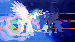Size: 1920x1080 | Tagged: safe, artist:90sigma, artist:laszlvfx, edit, princess celestia, princess luna, alicorn, pony, g4, crossed horns, eyes closed, female, horn, horns are touching, mare, royal sisters, sisters, wallpaper, wallpaper edit